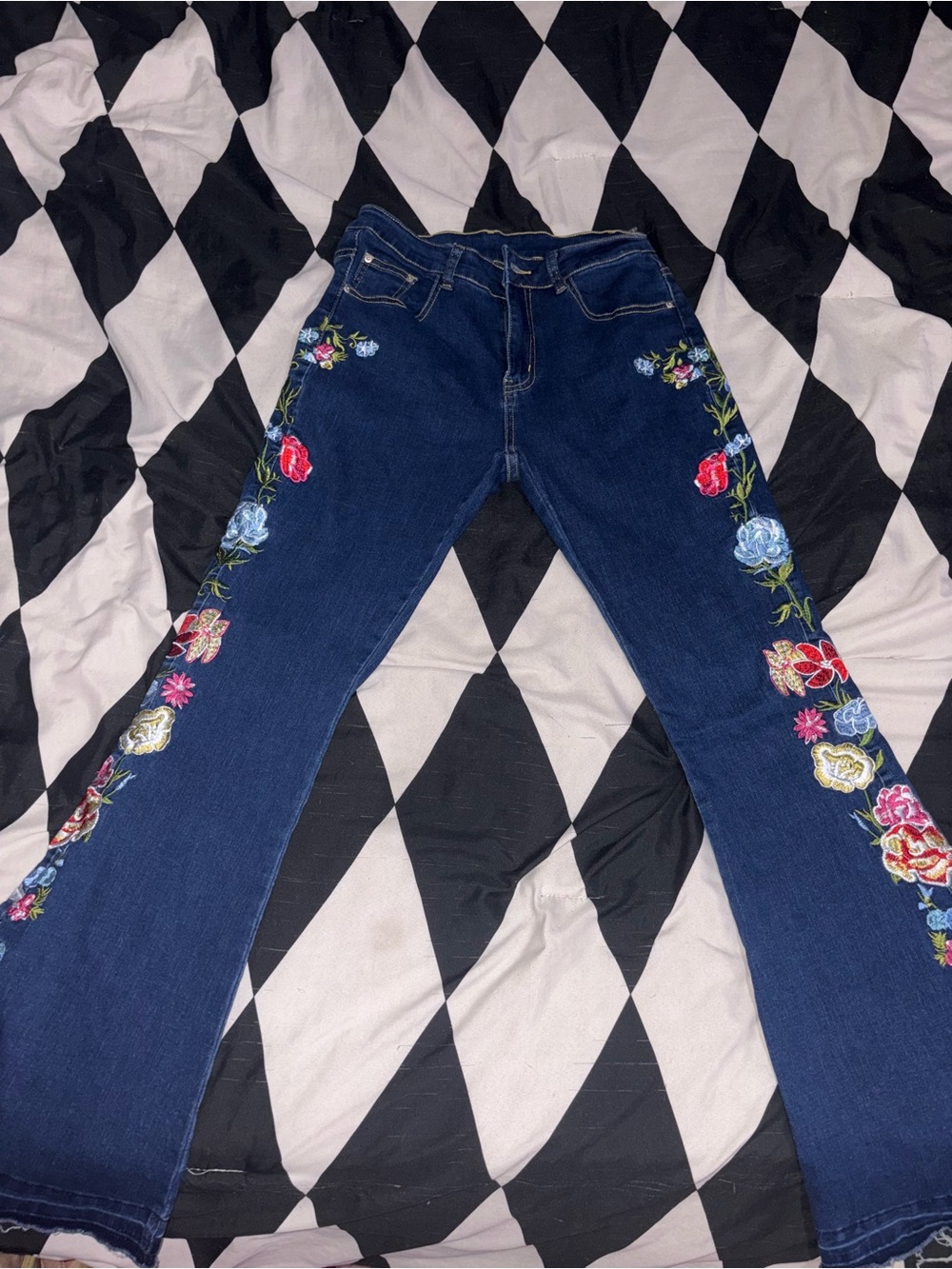 Dark Blue Women's Jeans with Floral Side Embroidery